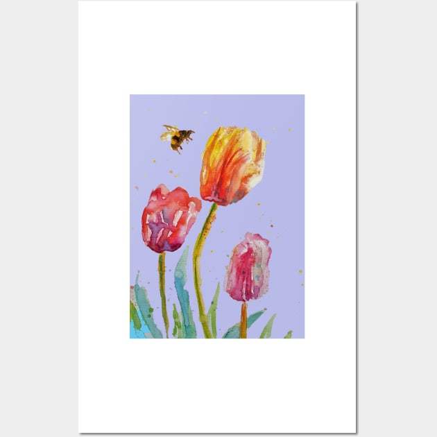 Tulip Flower Watercolor Painting and Bee on Lavender purple Wall Art by SarahRajkotwala